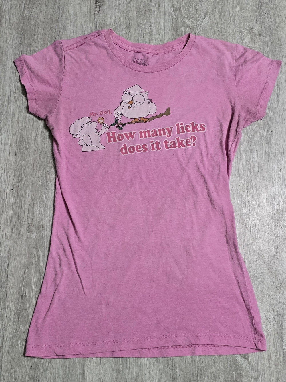 Y2K Pink Mr. Owl Tootsie Pop Graphic Baby Tee "How Many Licks" Size XL